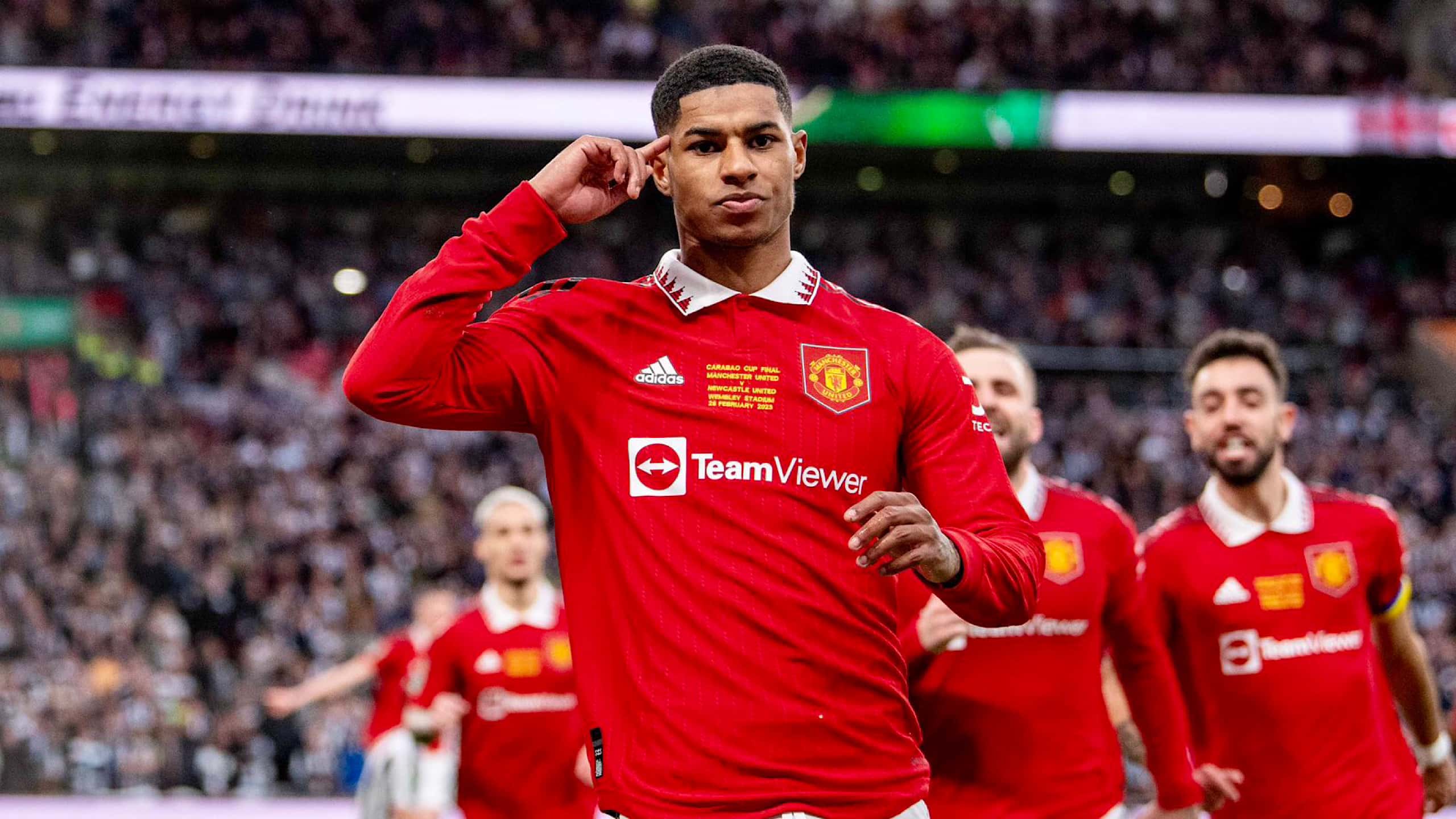 Marcus Rashford performing one of his football goal celebrations