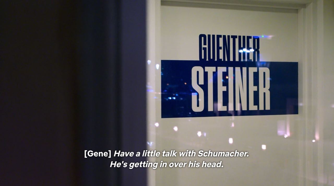 Steiner on the phone with team owner, Gene Haas, discussing Schumacher's performance on Drive to Survive