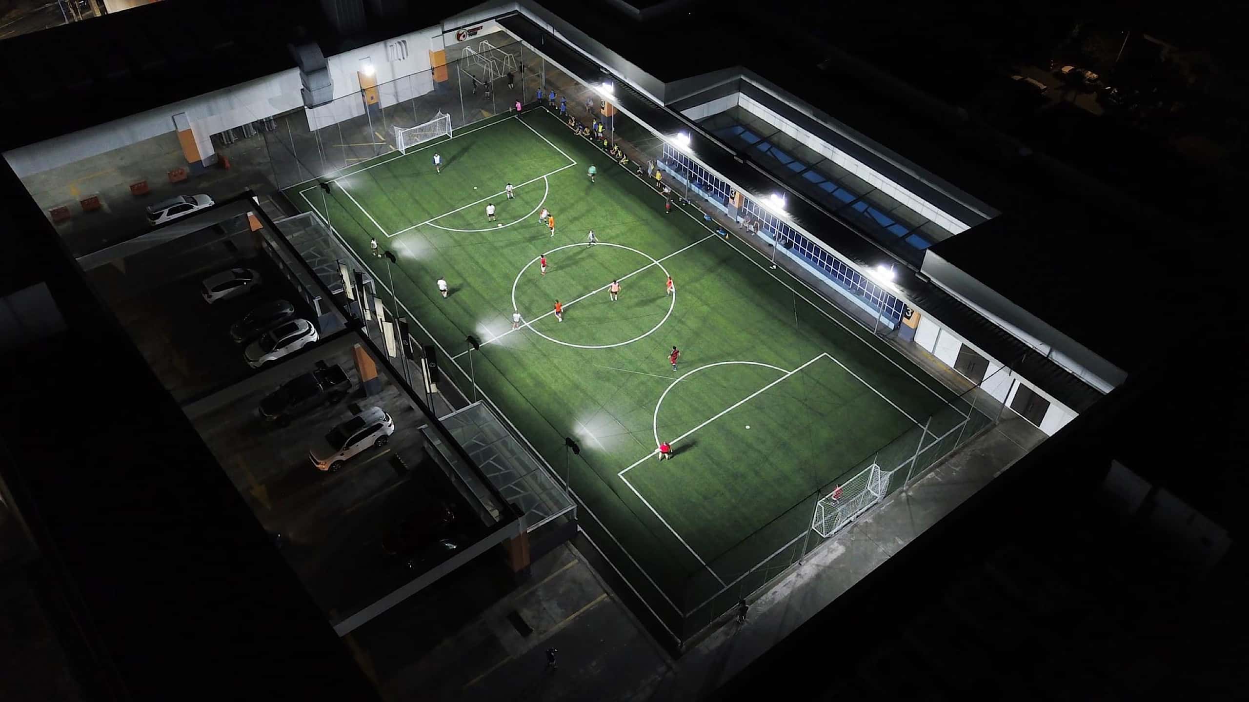 Football fields in Manila: Drone shot of Cherry Turf Philippines at night