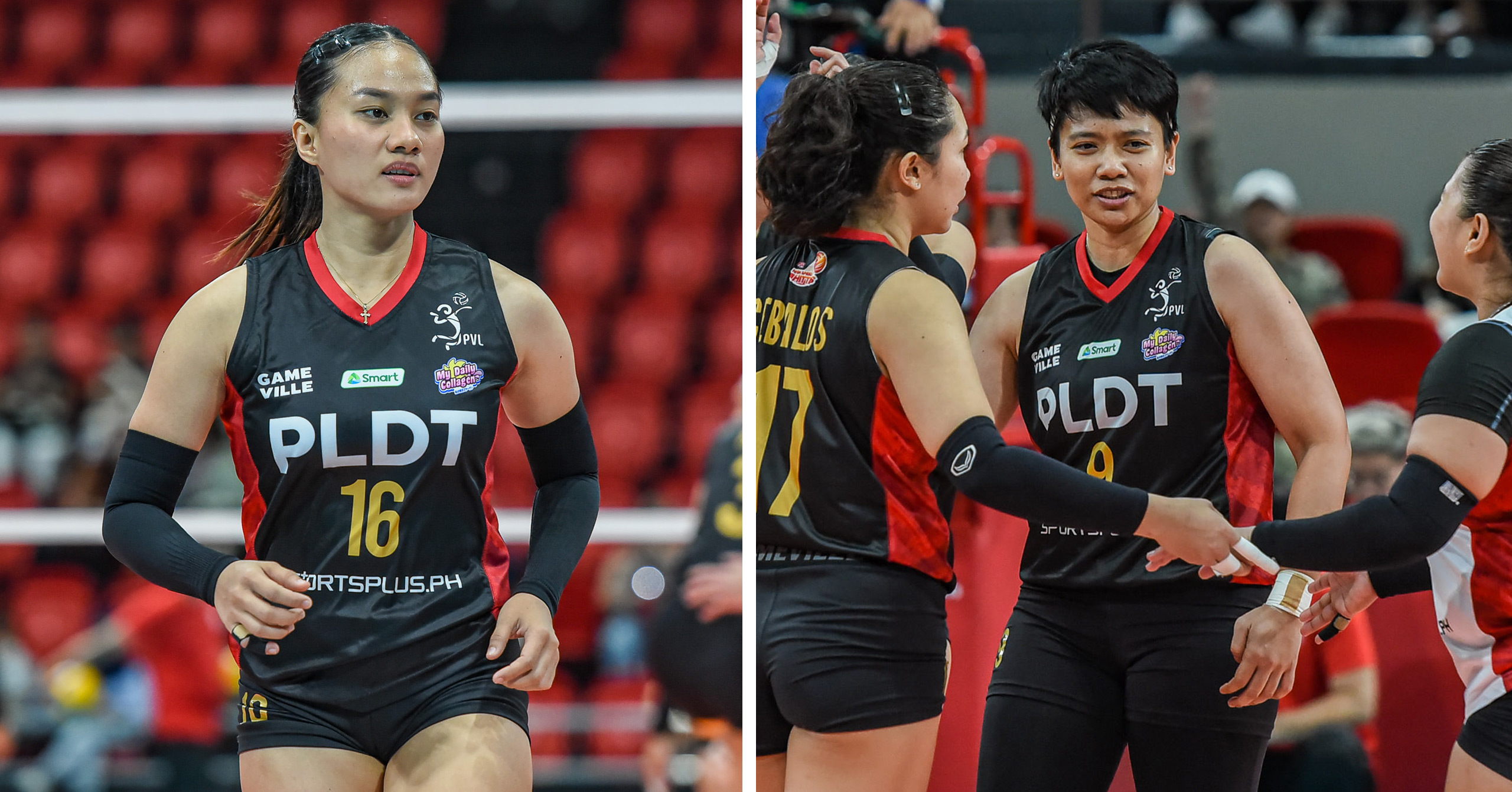 A collage of PLDT setters Angge Alcantara and Kim Fajardo
