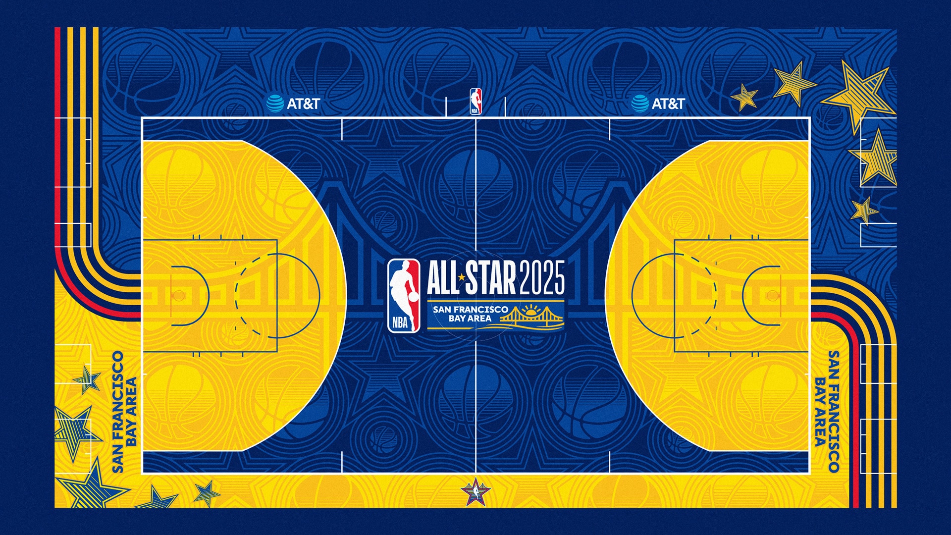 The Golden State Warrior-colored 2025 NBA All-Star court.