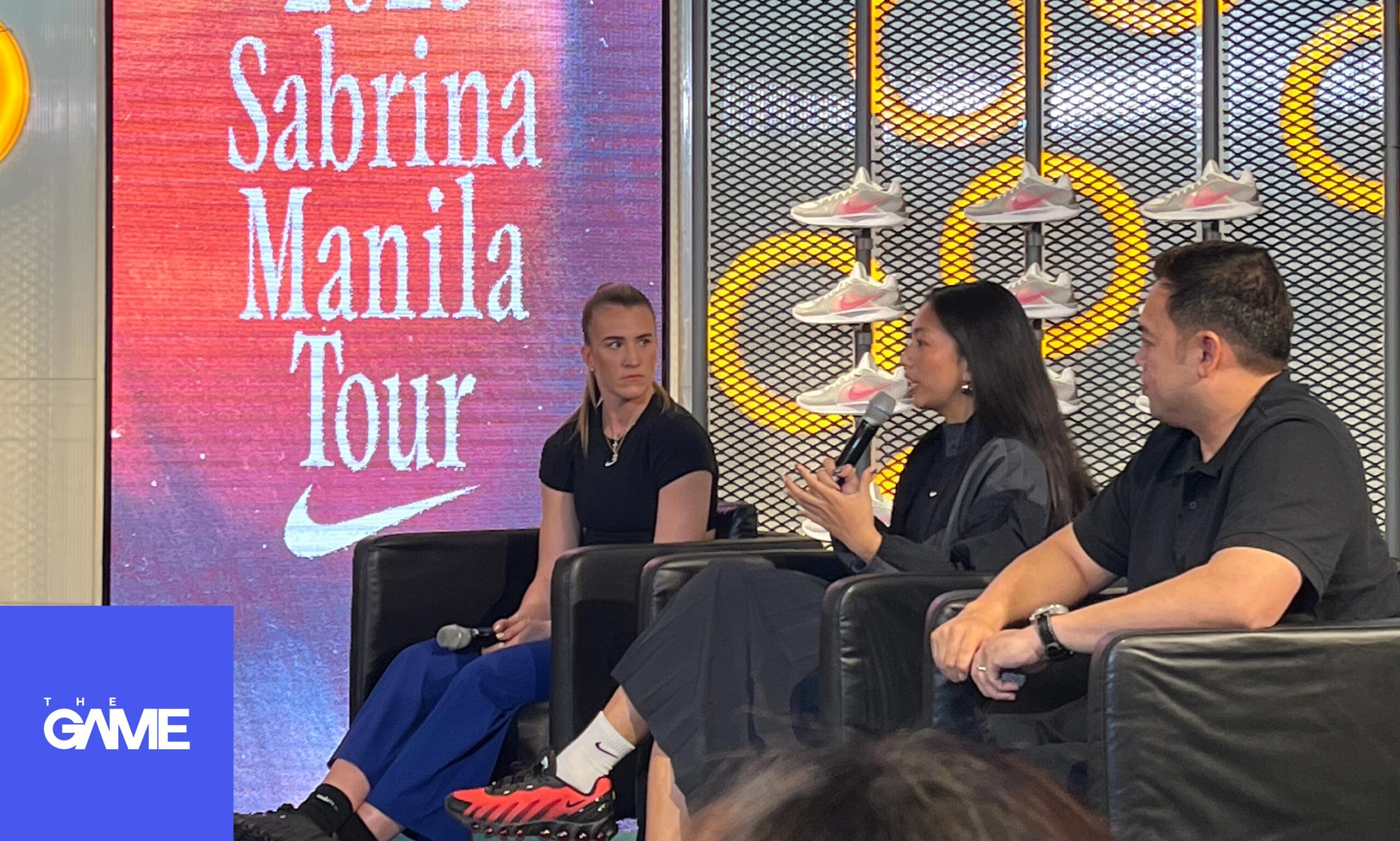 Sabrina Ionescu with Philippine women's basketball stakeholders Camille Clarin and Cholo Villanueva
