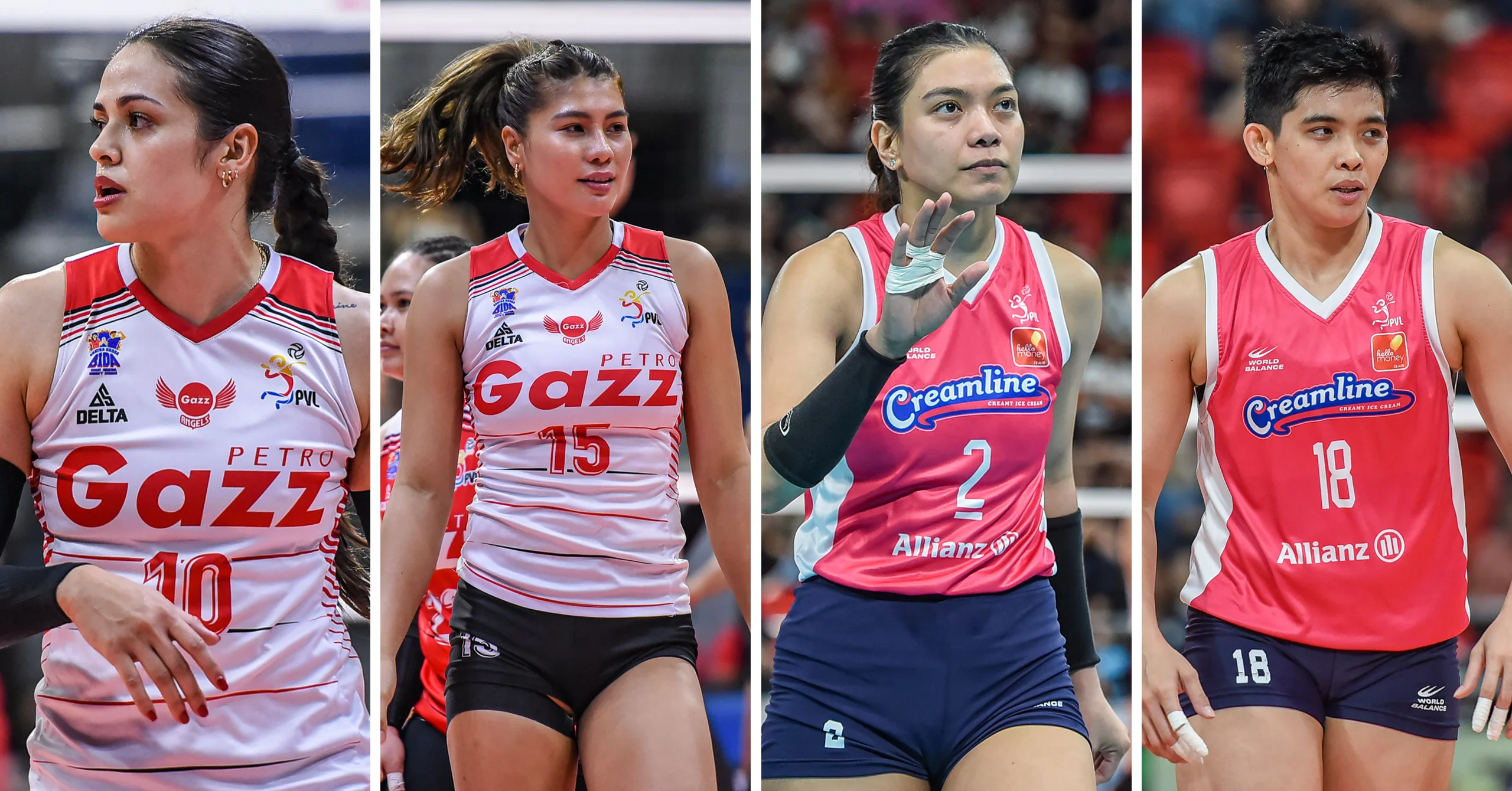 A collage of Petro Gazz aces Brooke Van Sickle and Myla Pablo, and Creamline's Alyssa Valdez and Tots Carlos