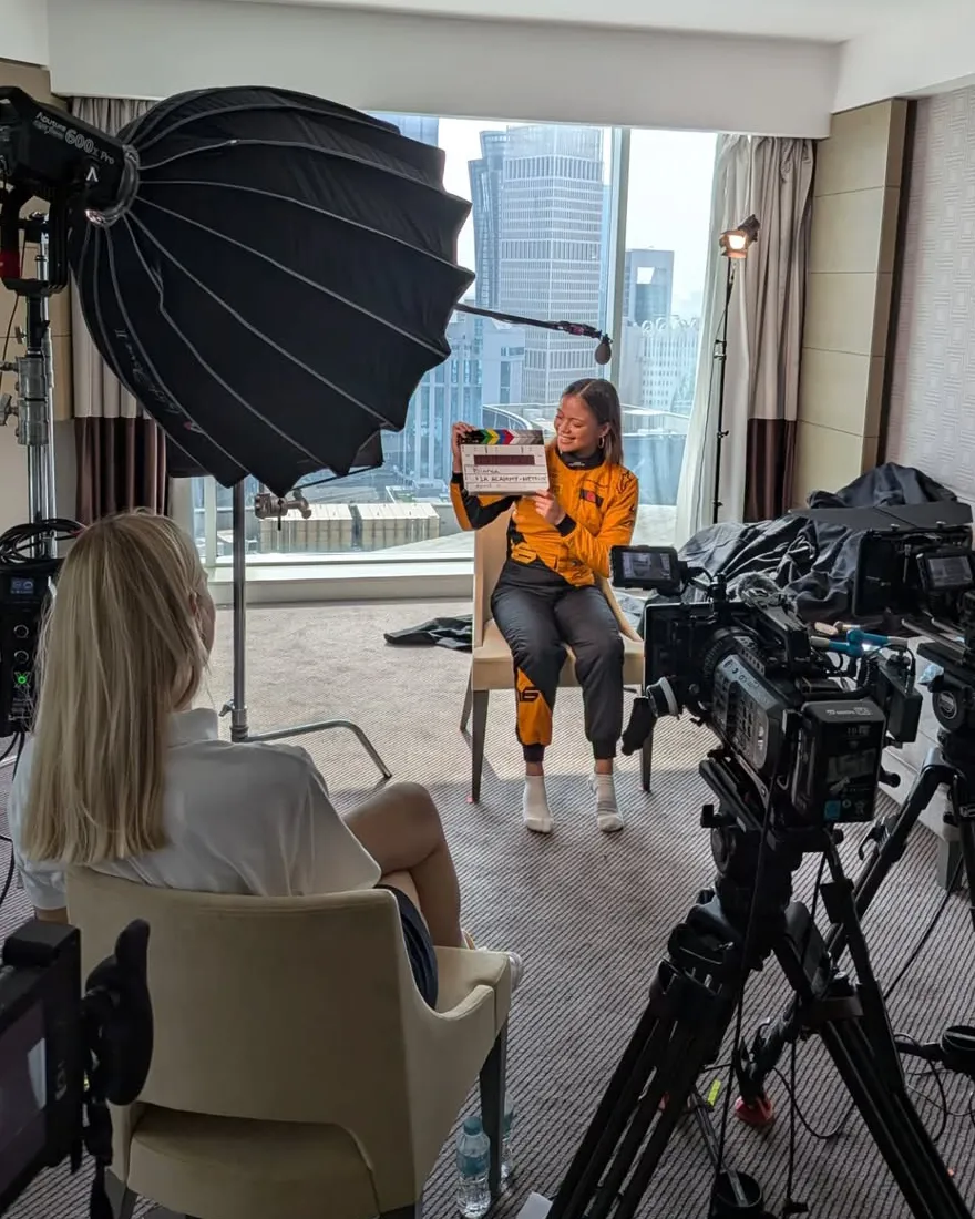 Bianca Bustamante filming Netflix documentary series F1: The Academy