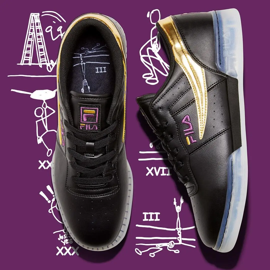 Two black FILA sneakers, high-tops with gold trim and a translucent blue sole, shown on a purple background with white doodle sketches.