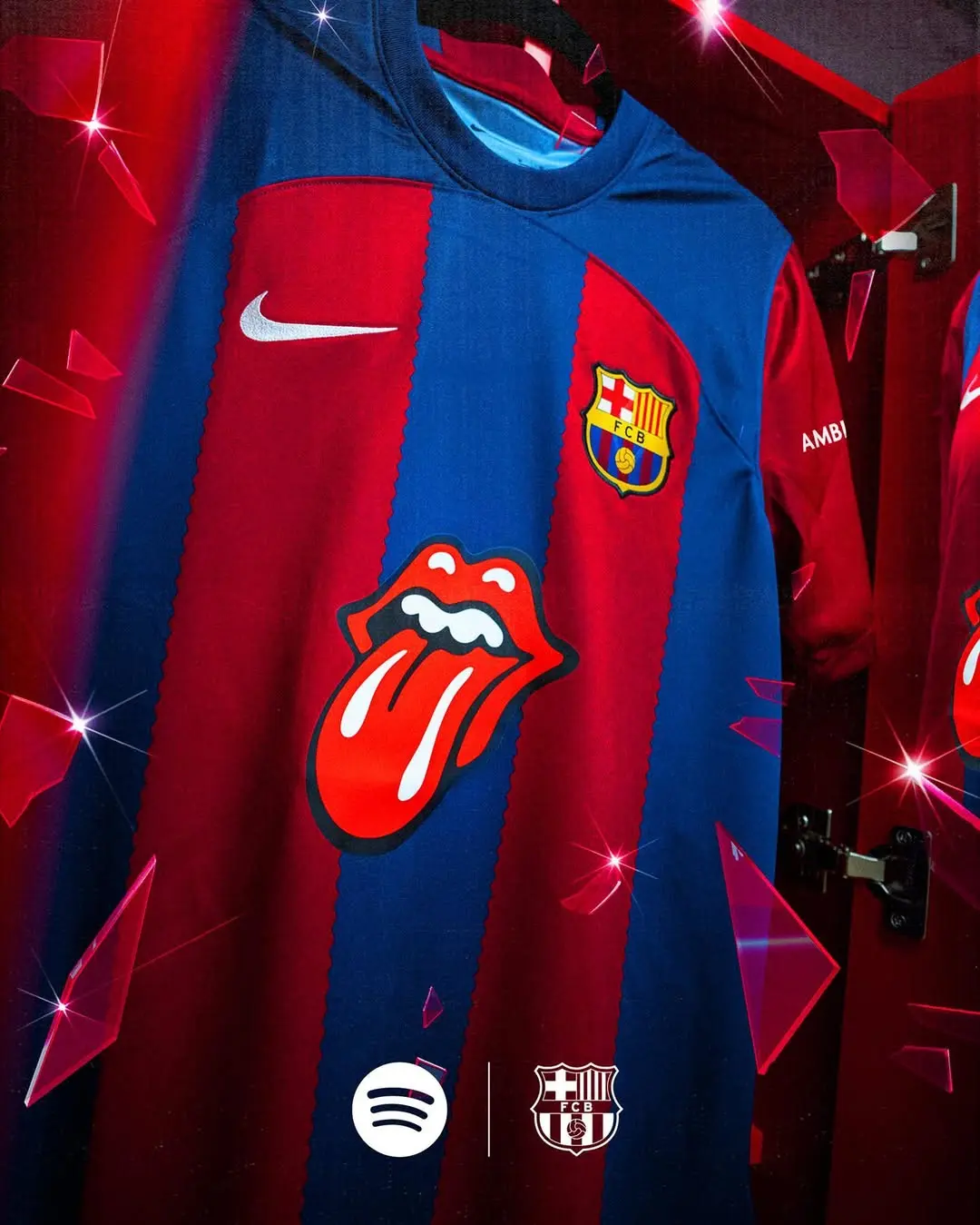 FC Barcelona jacket with blue/red panels, featuring the Nike swoosh, the Rolling Stones tongue logo, and the Barça crest; Spotify and Barça logos appear at the bottom.