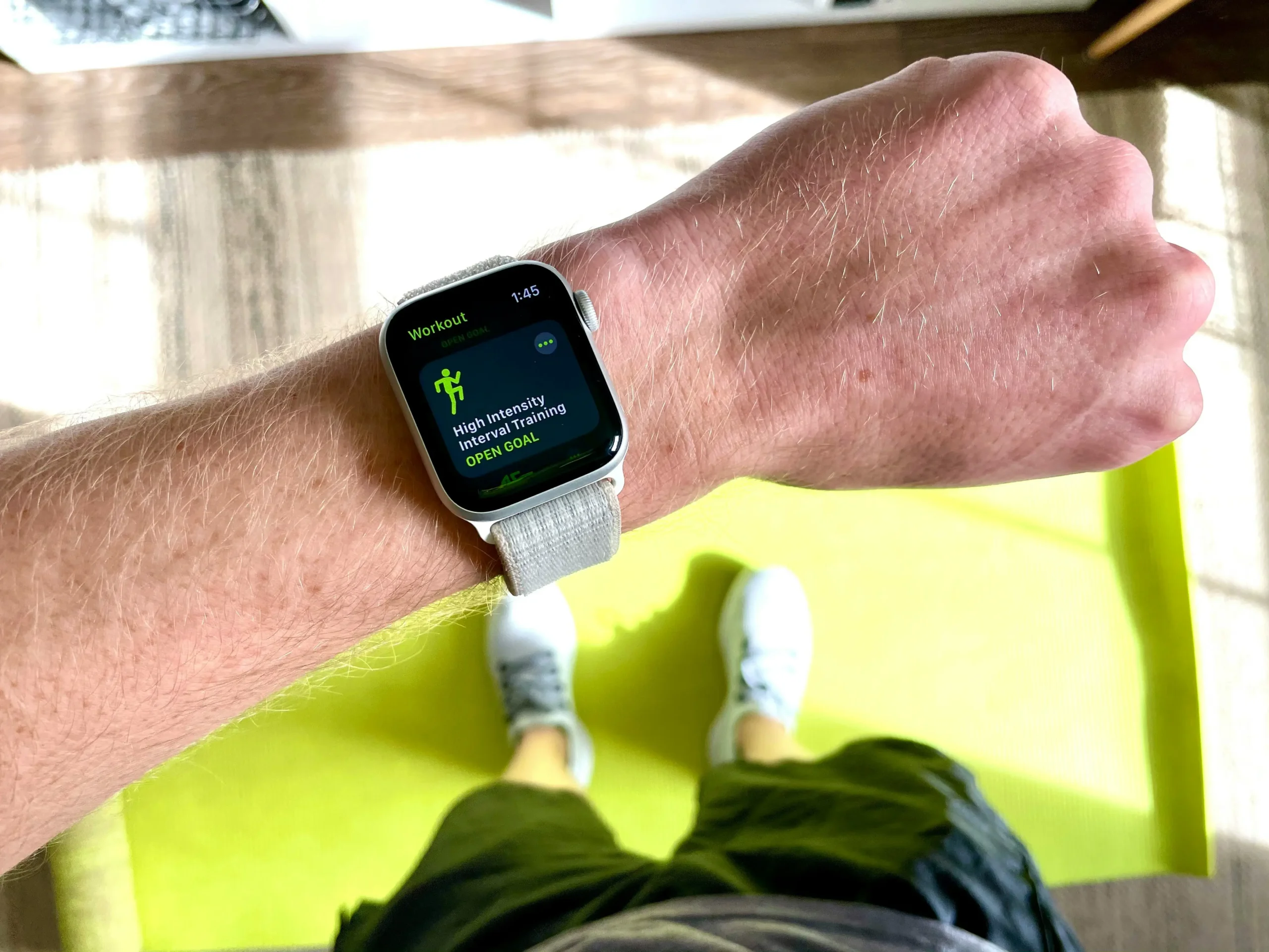 Blocks-fletcher-3_paueecwmc-unsplash - the game Close-up of a wrist wearing an Apple Watch showing the Workout app with High Intensity Interval Training as the selected goal