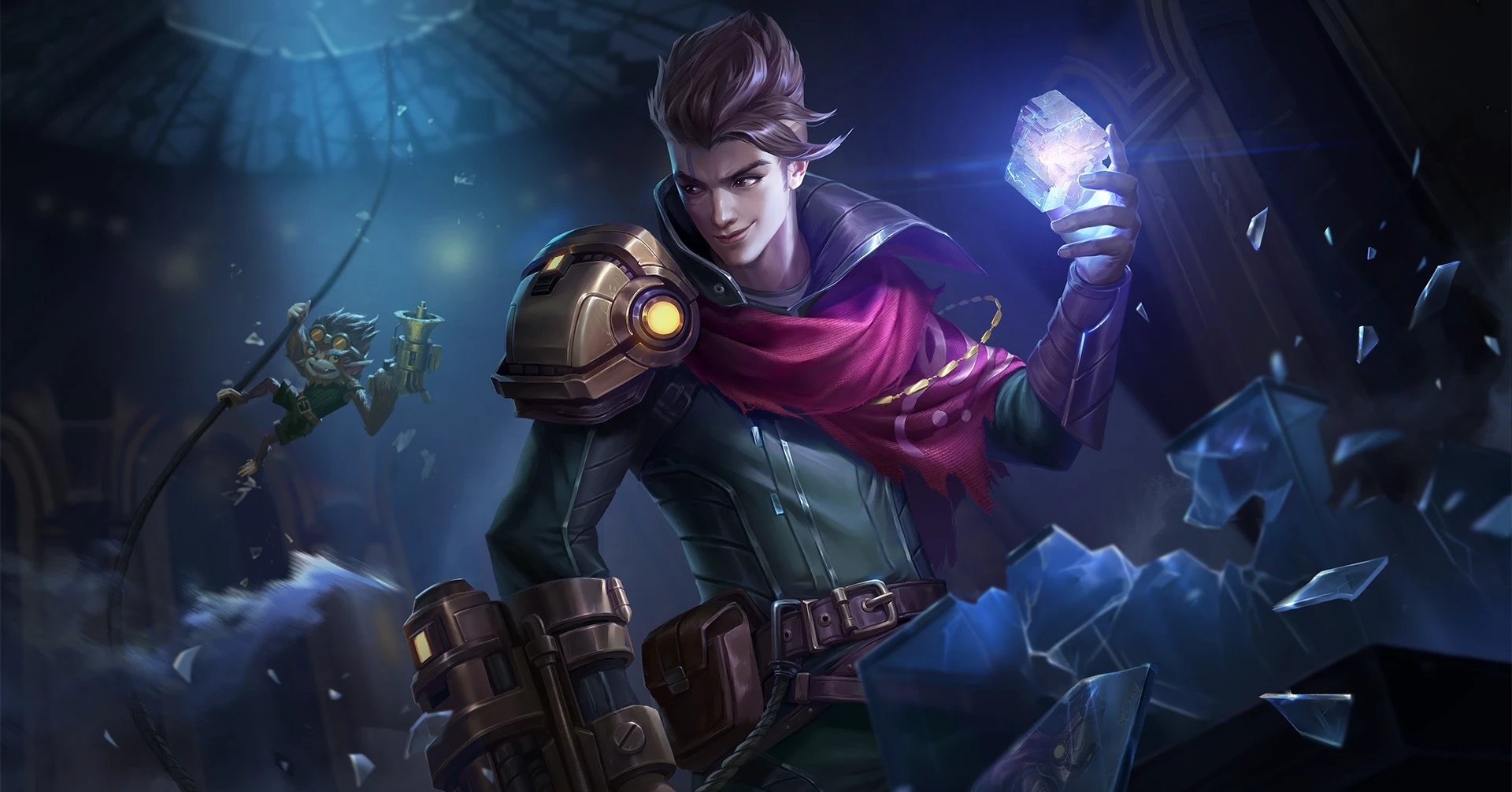 Main hero in a dark futuristic setting holds a glowing crystal in one hand, with a purple scarf and armored shoulder pad, ready for action.
