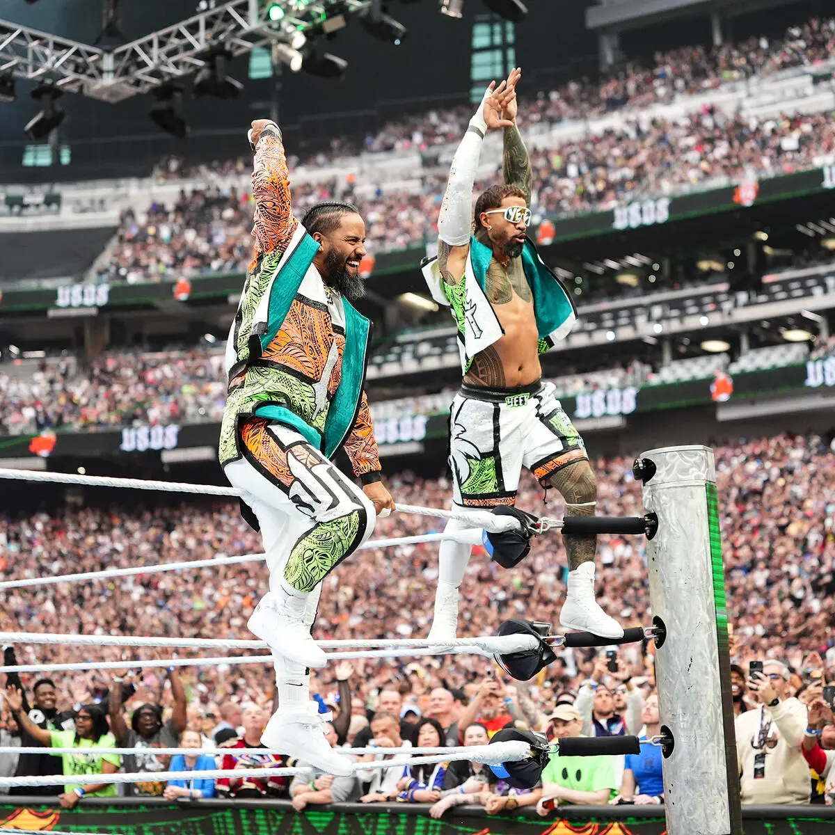 Usos - the game Two wrestlers celebrate on the ring ropes as the crowd roars in a packed arena.