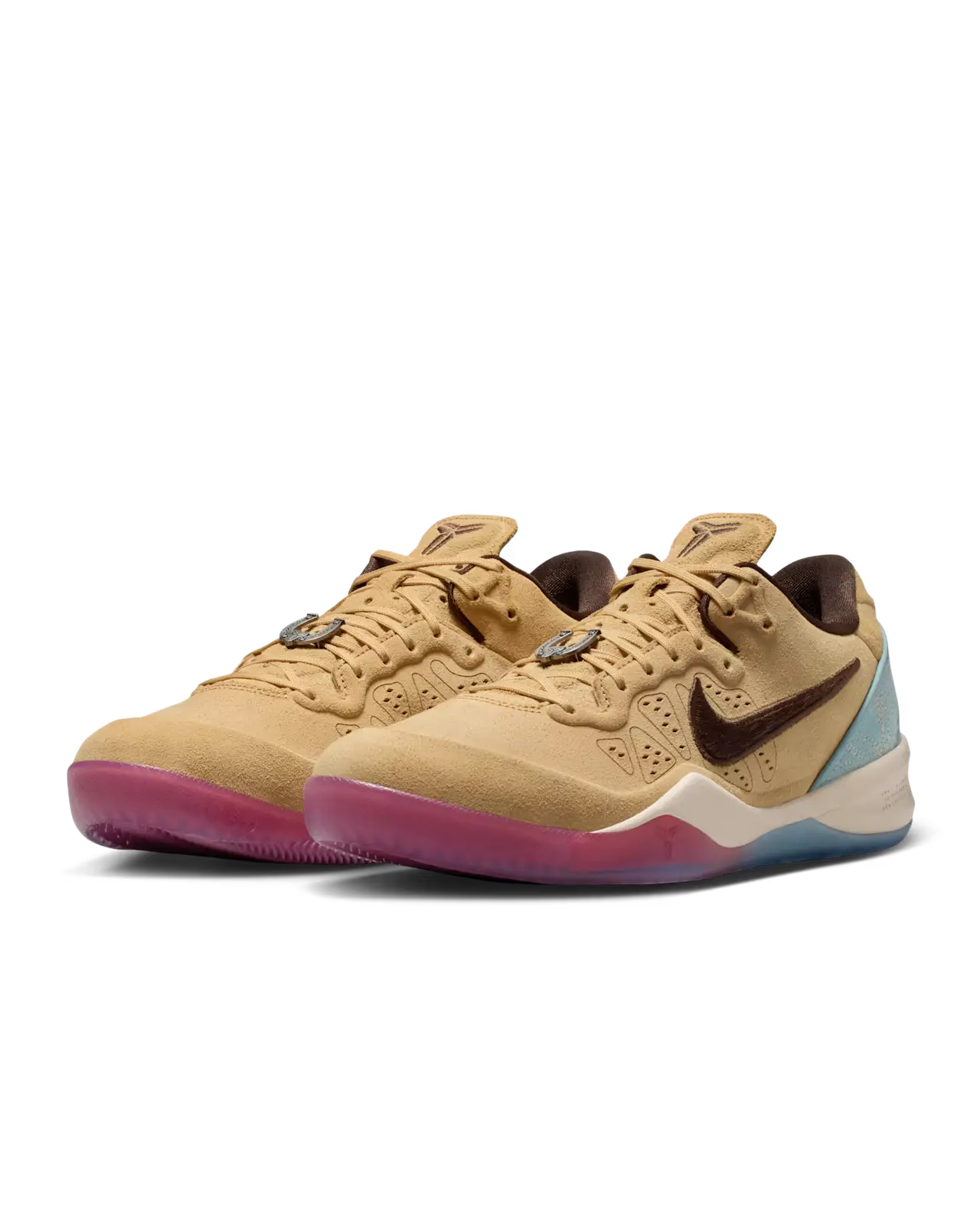 Kobe 8 - the game Beige Nike sneakers with tan suede upper, pink translucent outsole, and light blue heel cup.