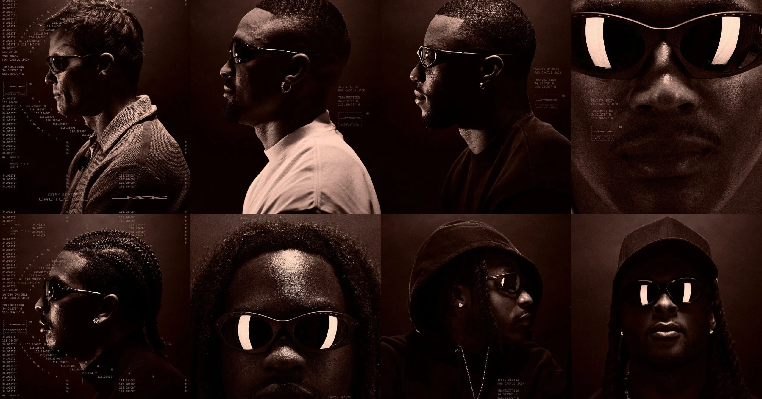 Group portrait of diverse individuals wearing sunglasses in a dark, moody collage-style image.