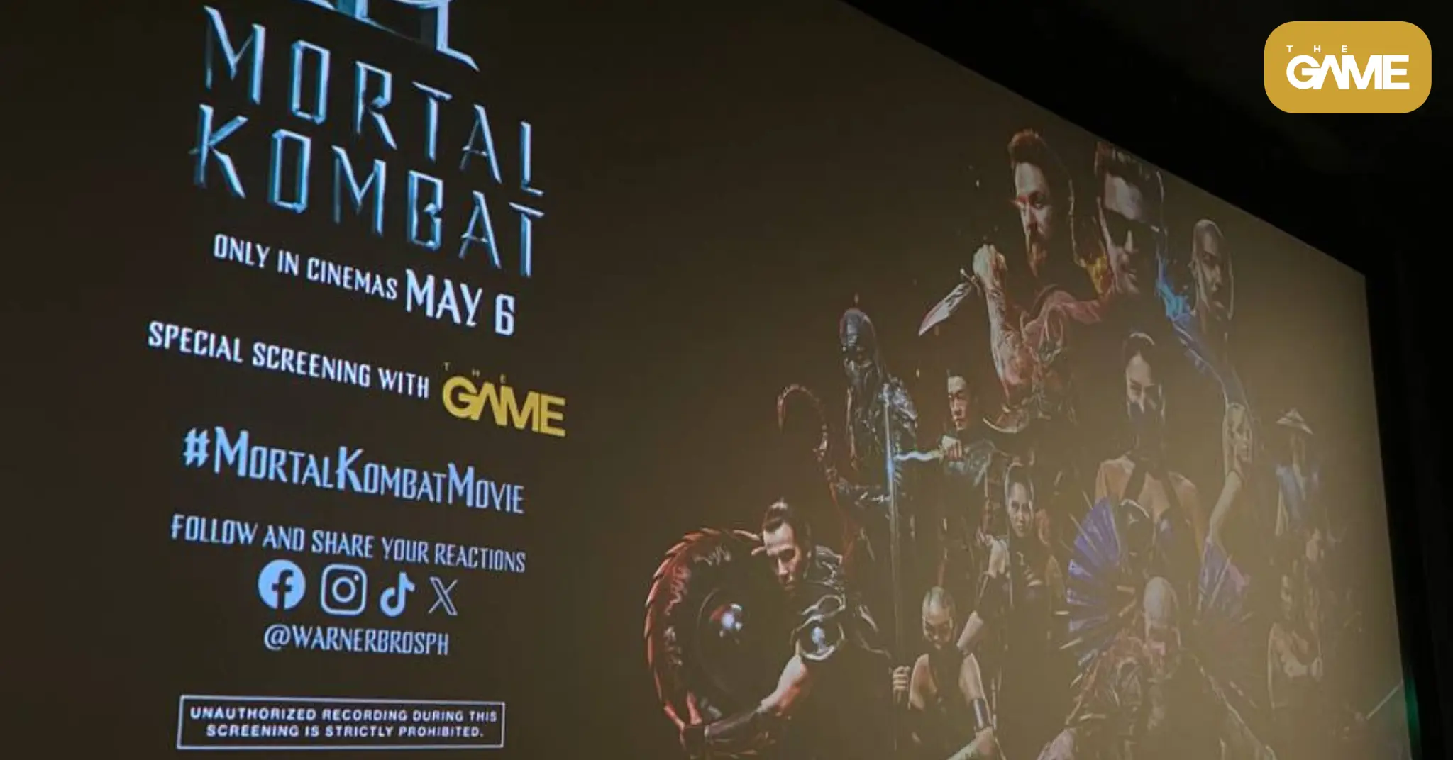 Promotional Mortal Kombat screen with character collage on the right, title on left, release date May 6, and a yellow GAME logo in the corner.