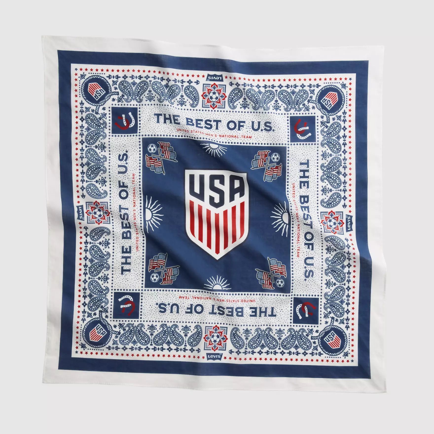 Patriotic blue-and-white bandana with red accents, featuring a central USA shield and decorative border patterns.