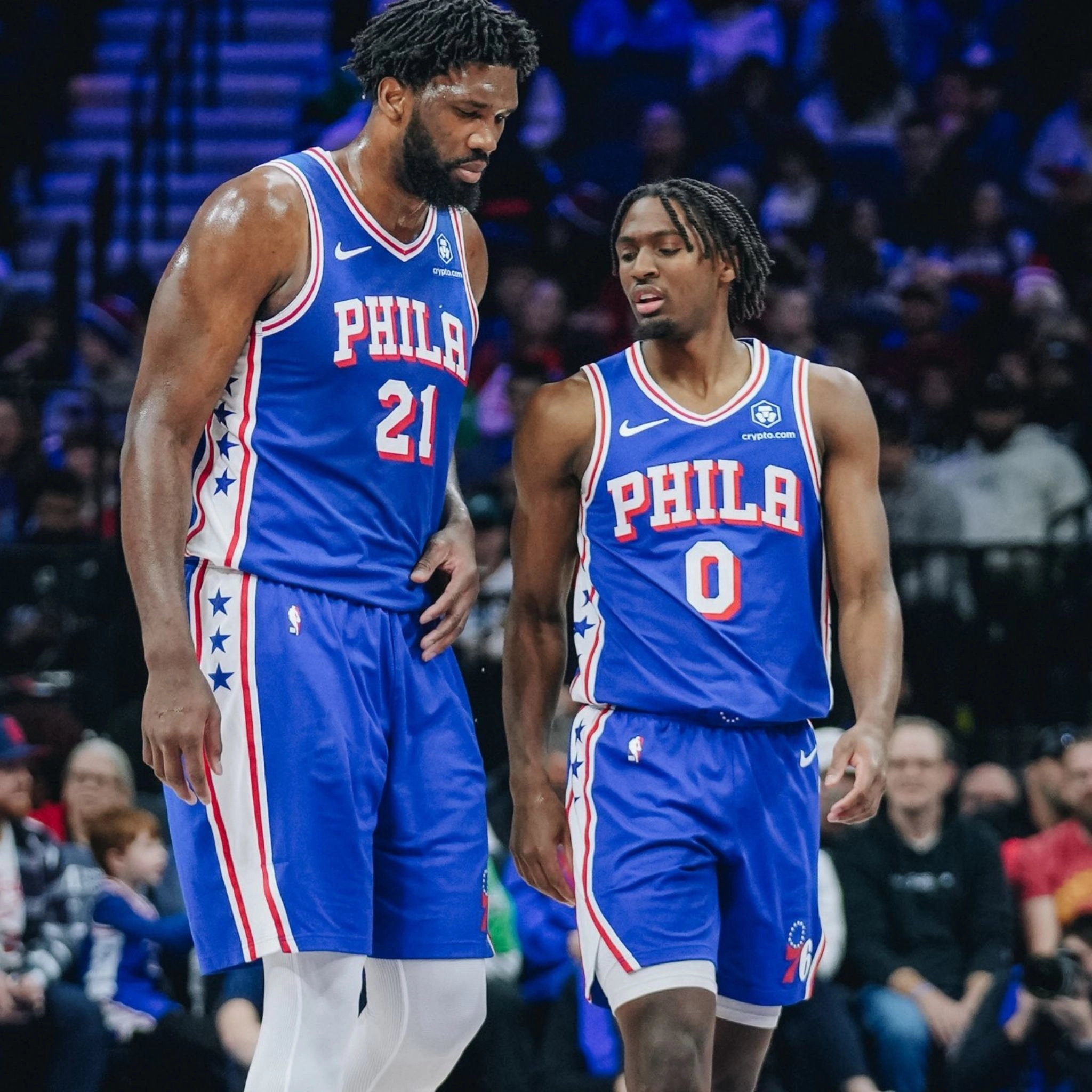 Joel Embiid and Tyrese Maxey of the Philadelphia 76ers.