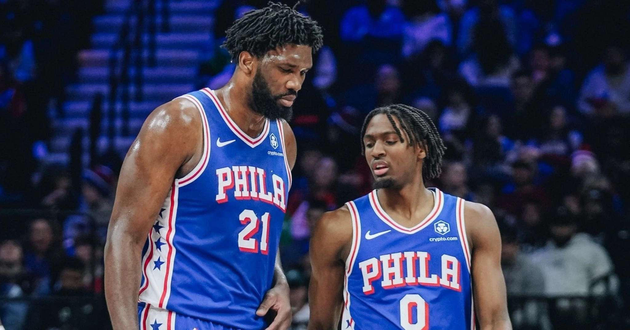 Joel Embiid and Tyrese Maxey of the Philadelphia 76ers.